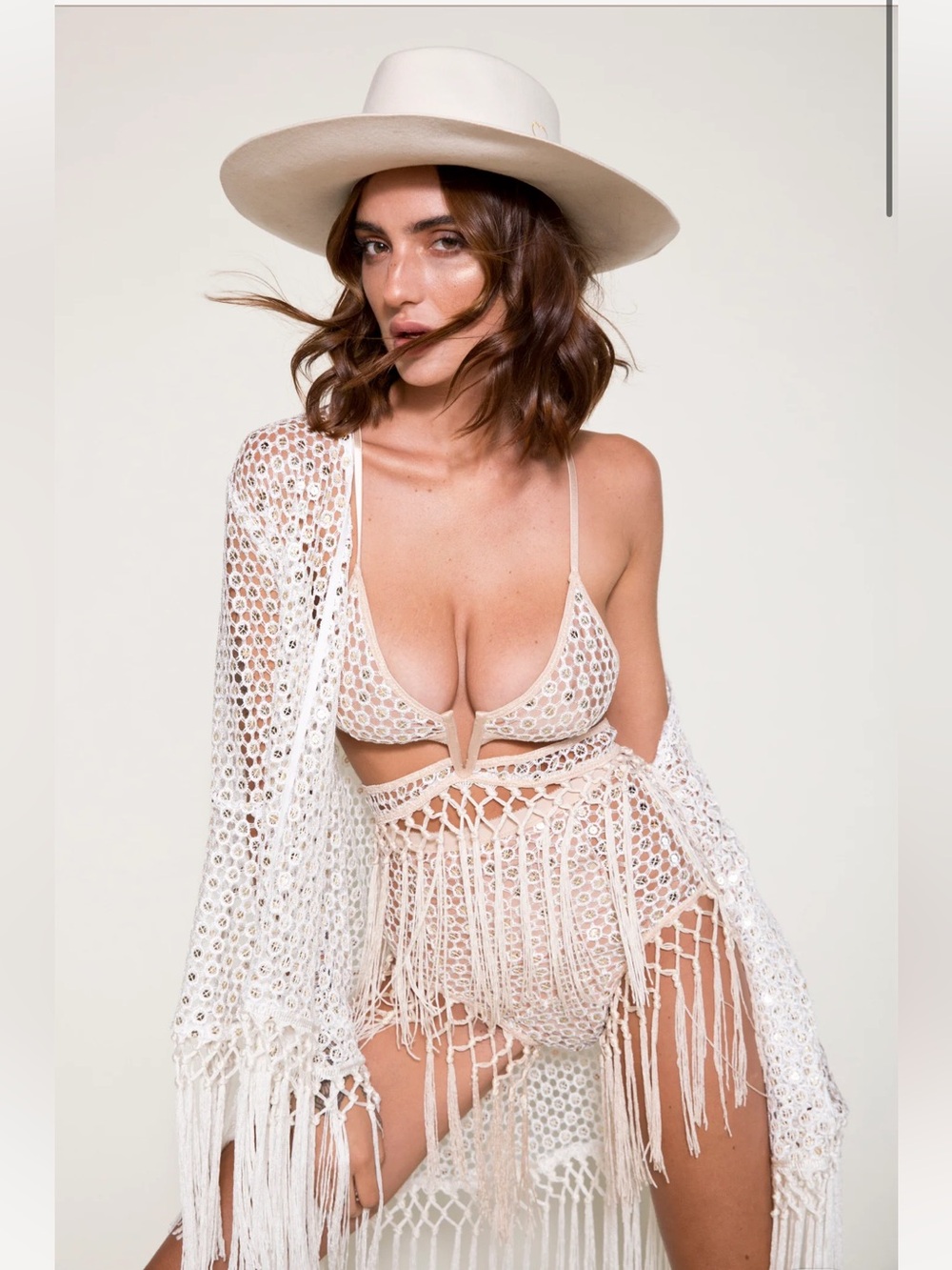 Cream & Gold Mirror Crochet Fringe Set Medium Bralette & Small High Waist Skirt